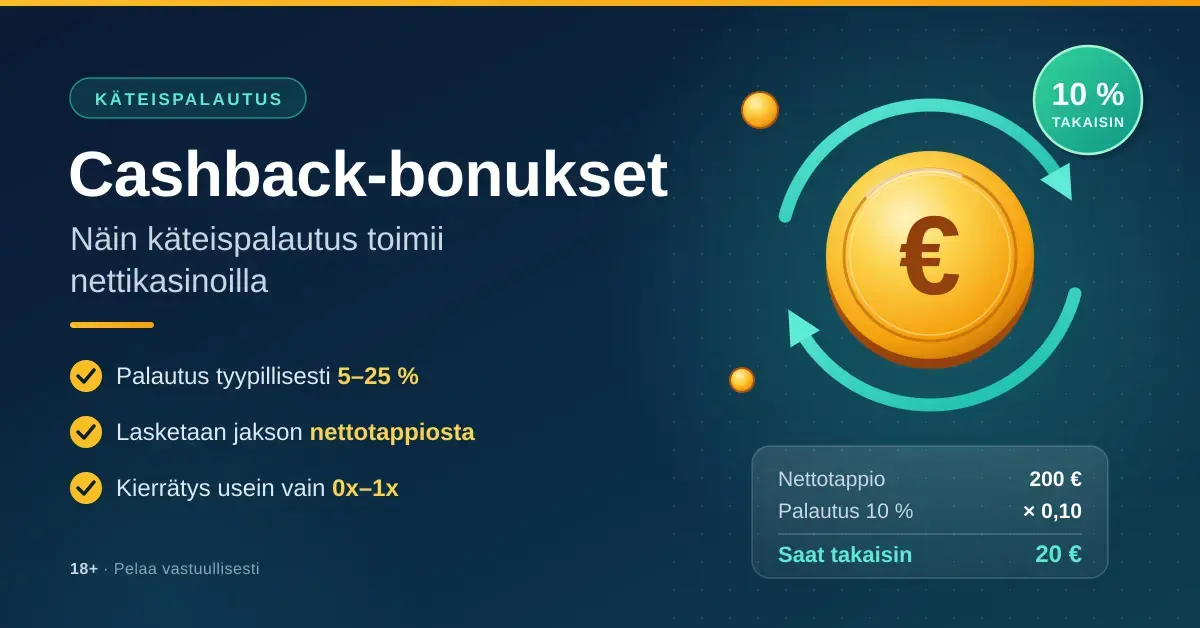 Kuvituskuva, jossa kultaista eurokolikkoa kiertävät palautusnuolet ja 10 %:n palautusmerkki sekä esimerkkilaskelma, jossa 200 euron nettotappiosta saa cashback-bonuksena takaisin 20 euroa.