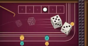 Kuvituskuva crapspöydästä, jossa kaksi noppaa lentää viininpunaisen huovan yli kohti pyramidikuvioista takaseinää, pass line -viivalla ja sen takana on pelimerkkipinoja ja numeroruudussa on valkoinen point-merkki.