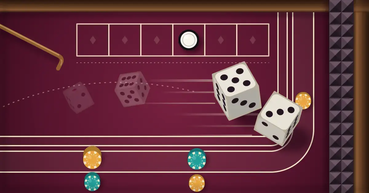 Kuvituskuva crapspöydästä, jossa kaksi noppaa lentää viininpunaisen huovan yli kohti pyramidikuvioista takaseinää, pass line -viivalla ja sen takana on pelimerkkipinoja ja numeroruudussa on valkoinen point-merkki.