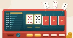 Kuvituskuva videopokerikoneesta, jonka näytöllä kaksi pidettyä seiskaa on korostettu kultaisella hehkulla, kolme muuta korttia on vaihdettu uusiin ja vaihdetut kortit lentävät ulos koneesta, ja vasemmalla näkyy maksutaulukkoa kuvaava palkisto.